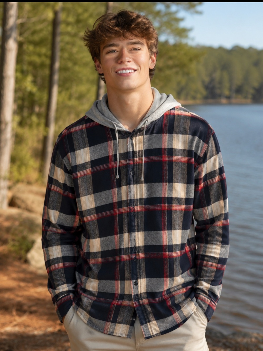 PacSun Men’s Plaid Hooded Flannel Shirt – Navy Red & Gray Button Down, Large